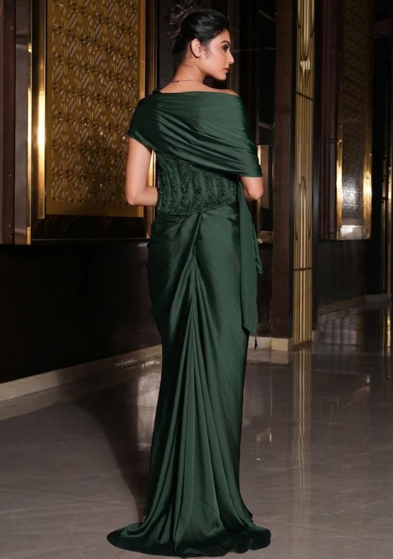 Green Satin Embellished Handwork Pre Draped Saree Set - Indya