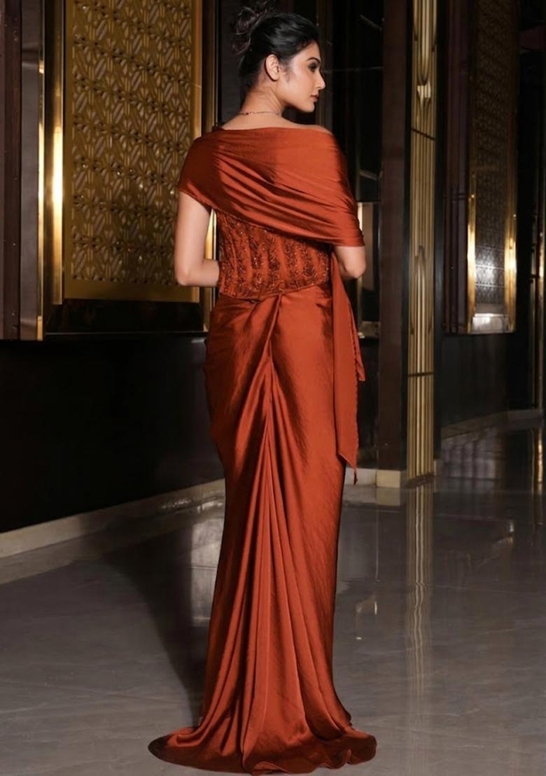 Orange Satin Embellished Handwork Pre Draped Saree Set - Indya