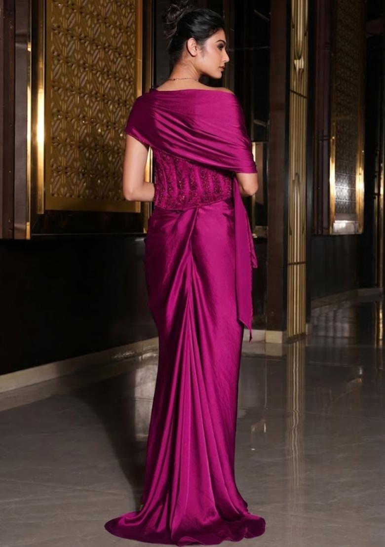 Pink Satin Embellished Handwork Pre Draped Saree Set - Indya