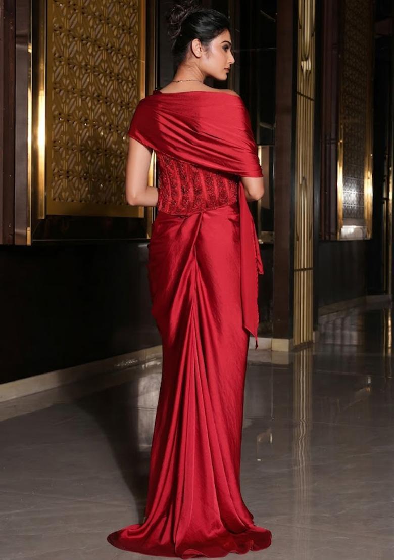 Red Satin Embellished Handwork Pre Draped Saree Set - Indya