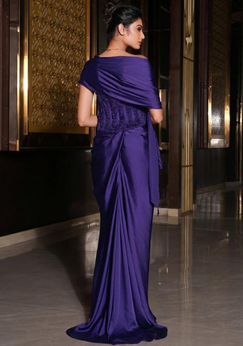 Violet Satin Embellished Handwork Pre Draped Saree Set - Indya