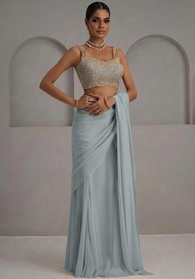 Pastel Green Georgette Embroidered Handwork Pre Draped Saree Set
