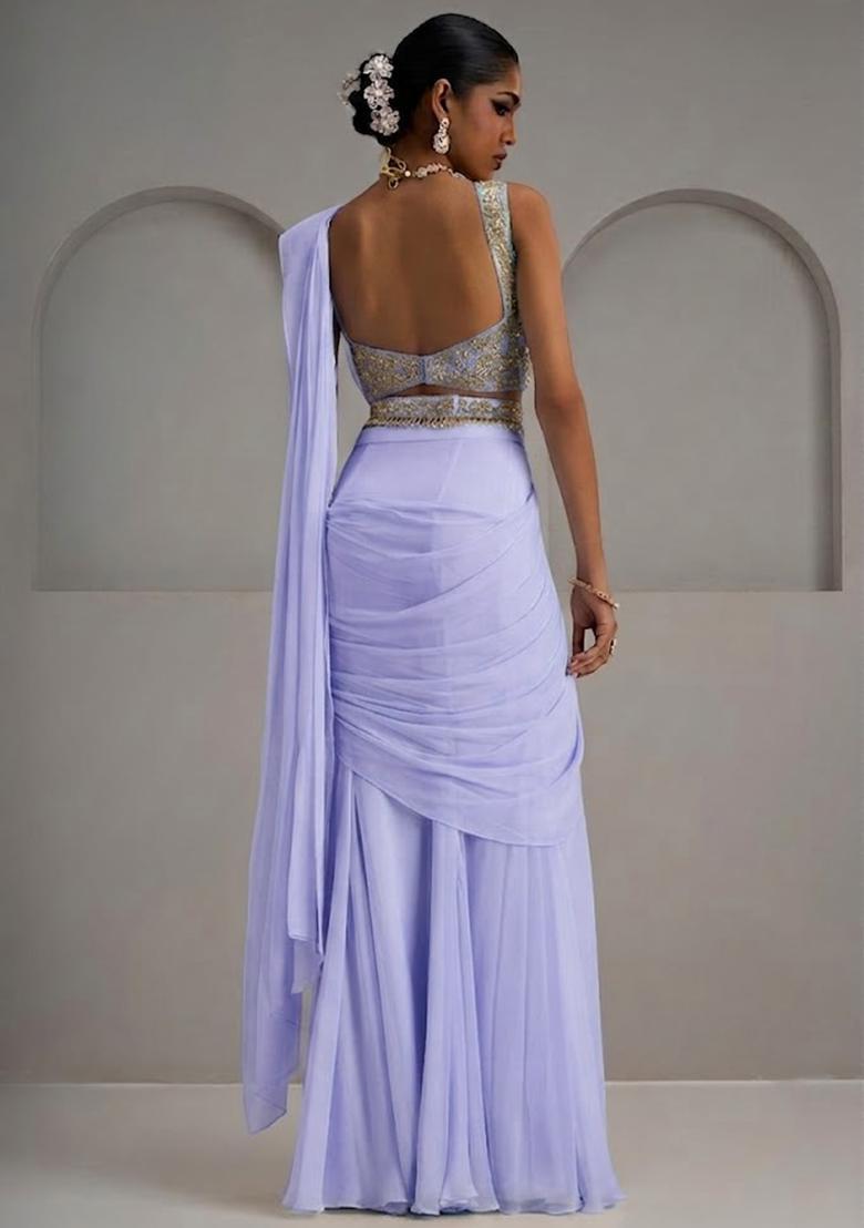 Lavender Georgette Embroidered Handwork Pre Draped Saree Set - Indya