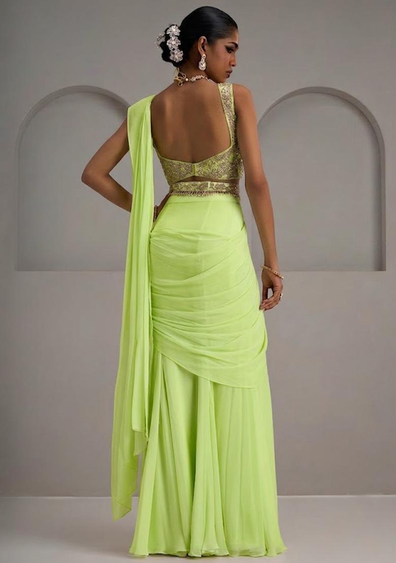 Lime Green Georgette Embroidered Handwork Pre Draped Saree Set - Indya
