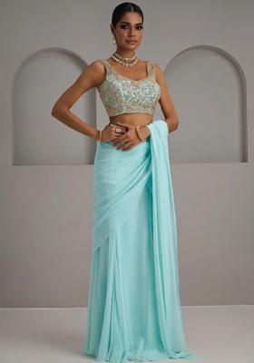 Mint Green Georgette Embroidered Handwork Pre Draped Saree Set
