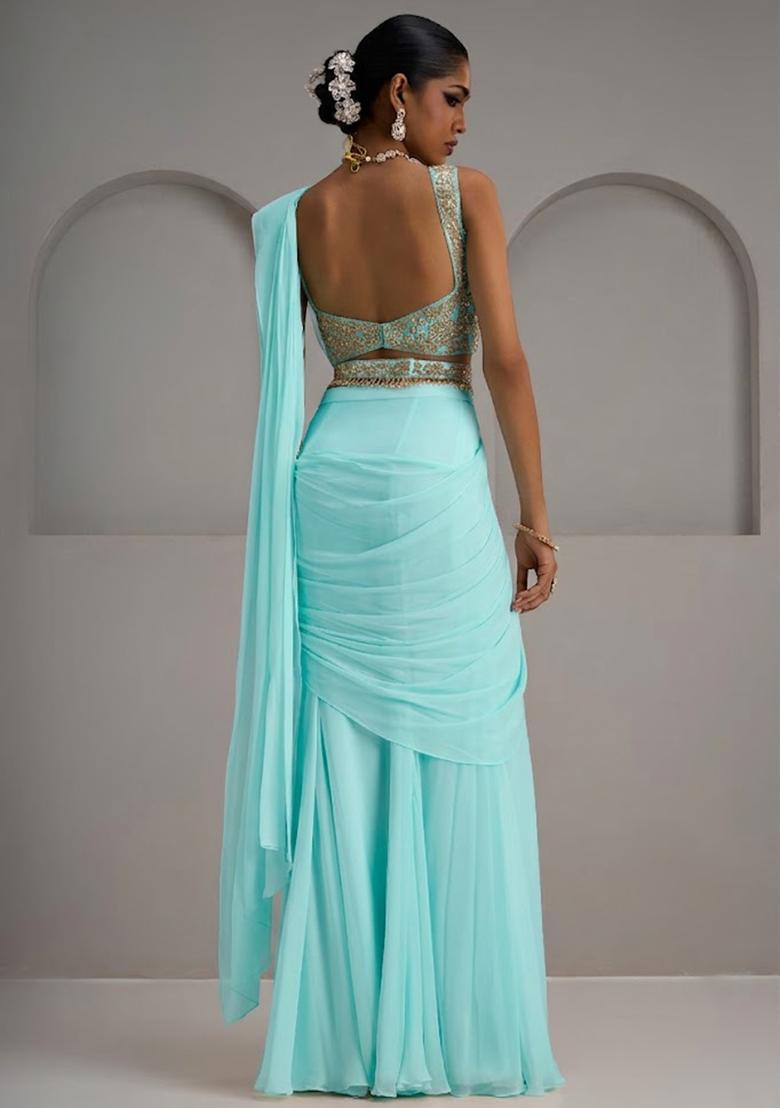 Mint Green Georgette Embroidered Handwork Pre Draped Saree Set - Indya