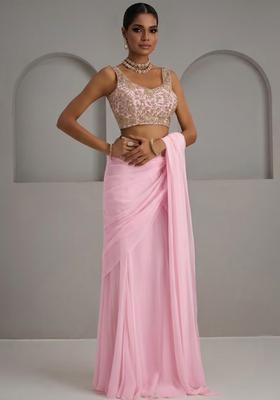 Pink Georgette Embroidered Handwork Pre Draped Saree Set