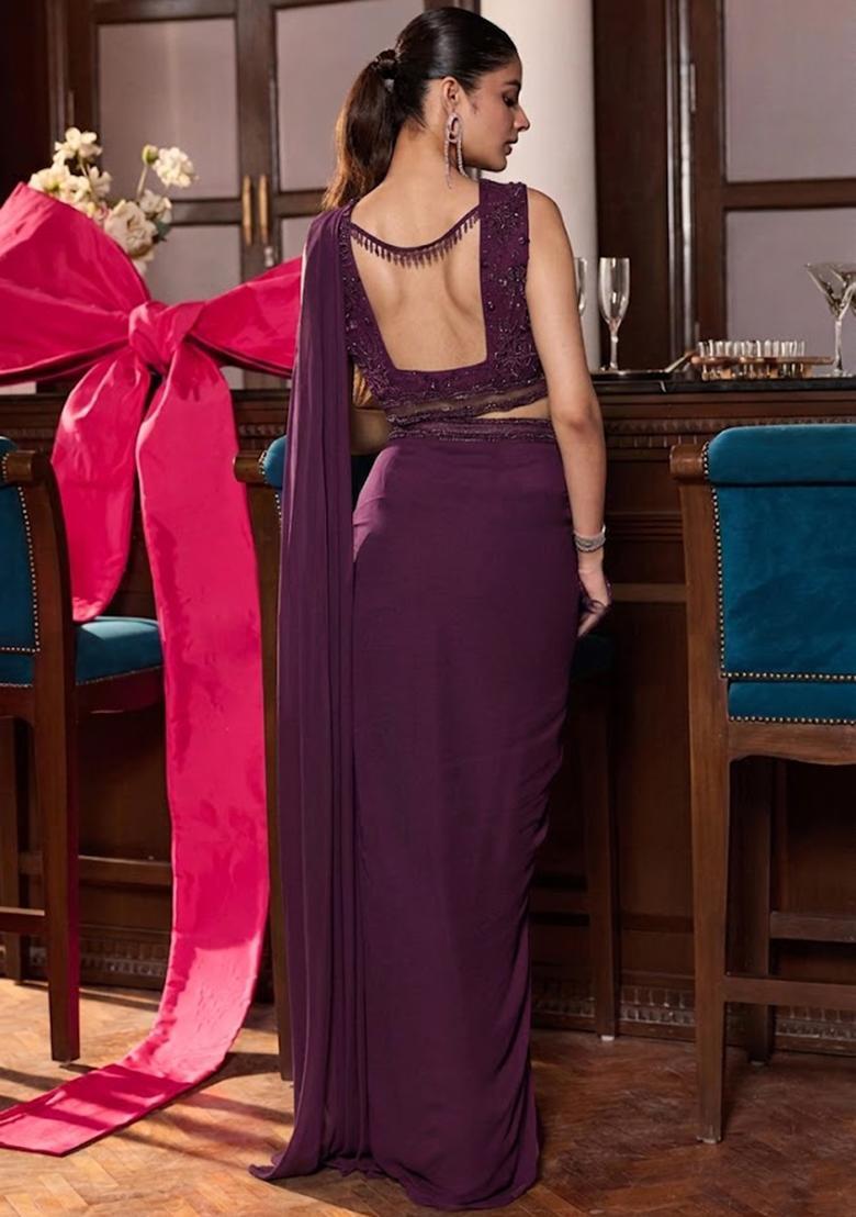 Mauve Georgette Embroidered Handwork Pre Draped Saree Set - Indya