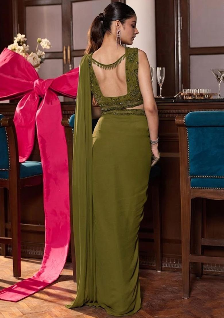Olive Georgette Embroidered Handwork Pre Draped Saree Set - Indya