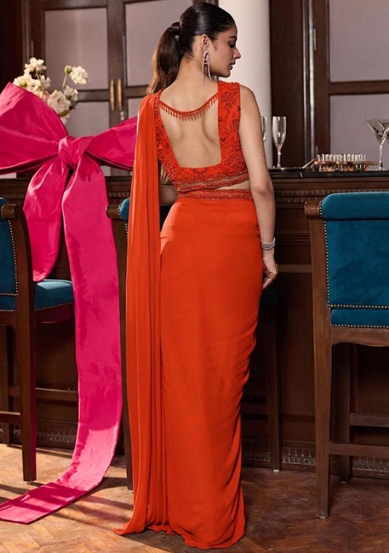 Orange Georgette Embroidered Handwork Pre Draped Saree Set - Indya