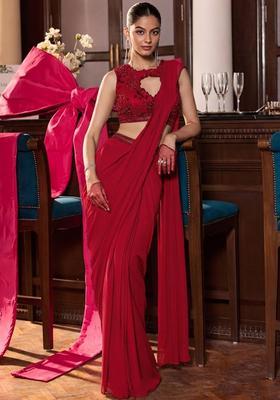 Red Georgette Embroidered Handwork Pre Draped Saree Set