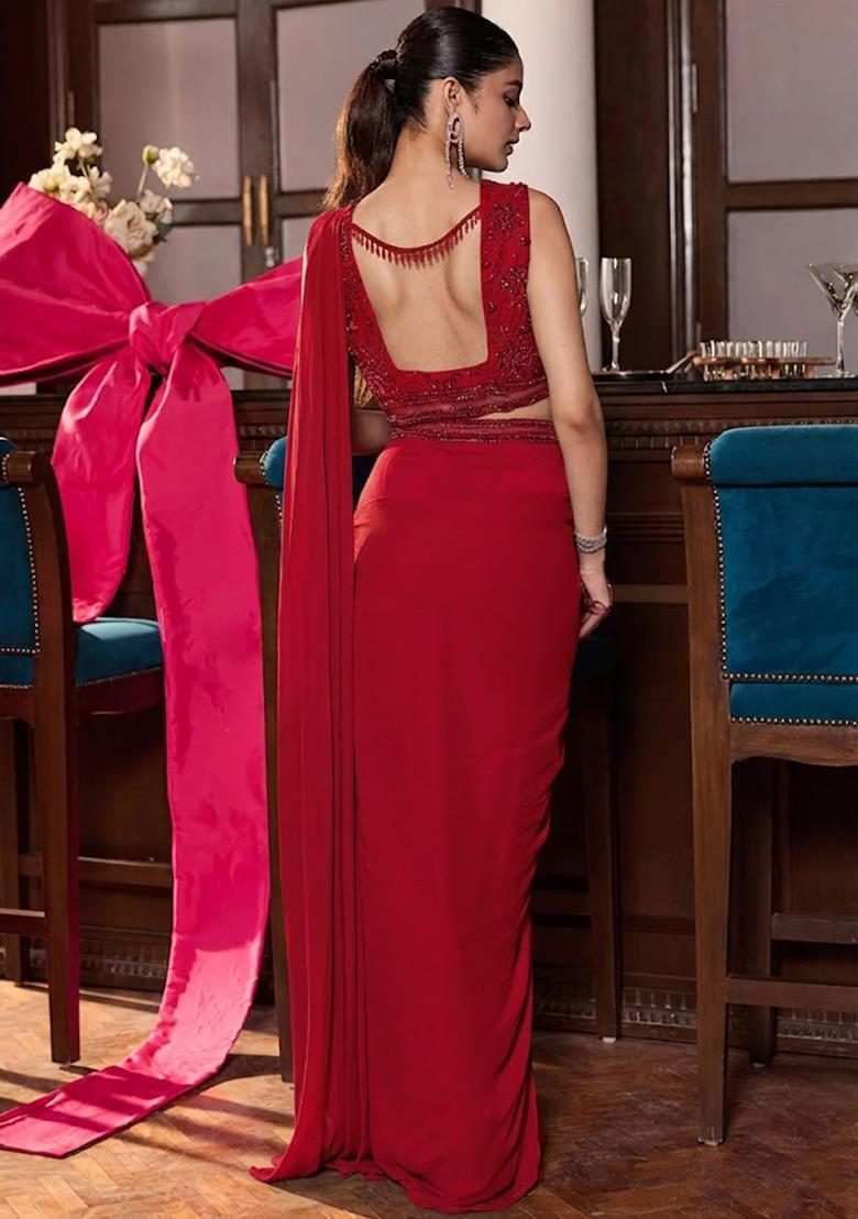 Red Georgette Embroidered Handwork Pre Draped Saree Set - Indya