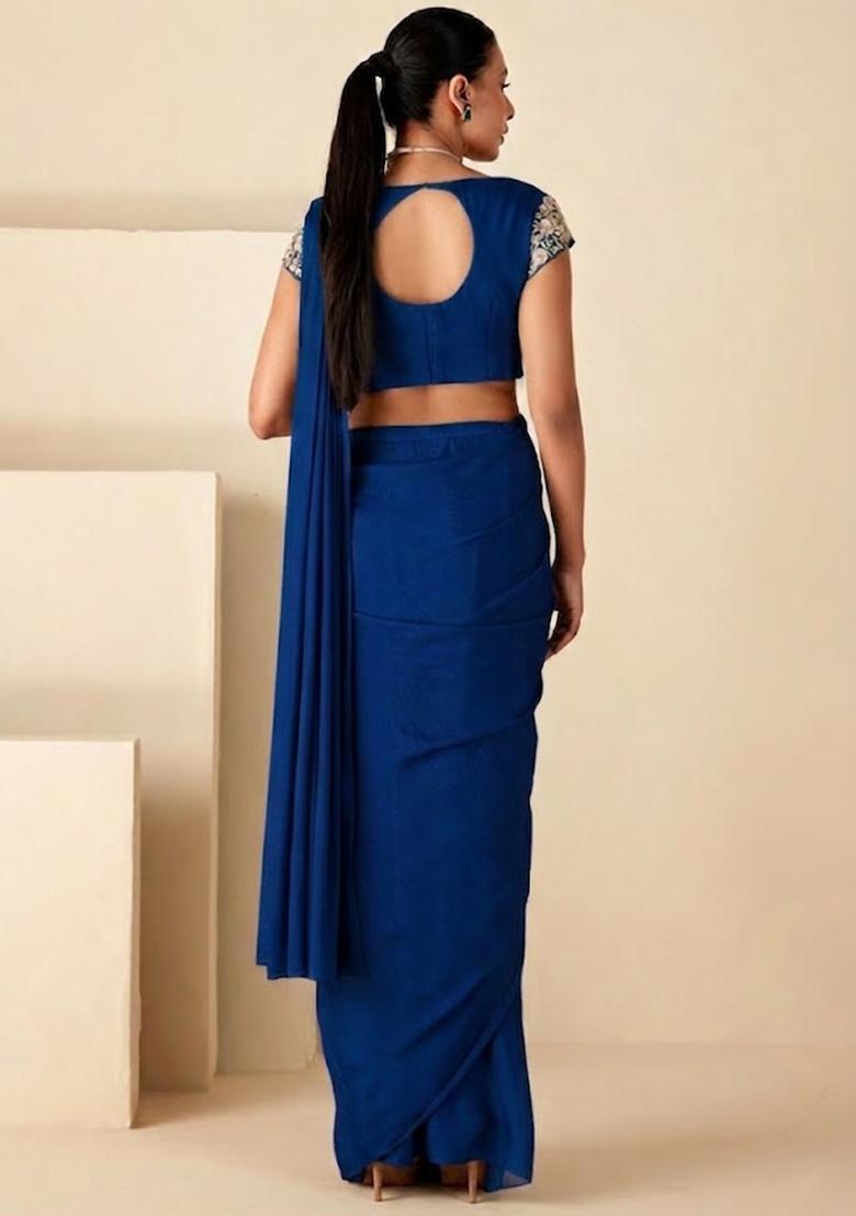 Navy Blue Crepe Embroidered Handwork Pre Draped Saree Set - Indya