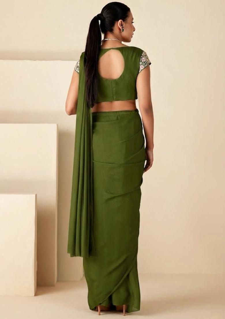Olive Crepe Embroidered Handwork Pre Draped Saree Set - Indya