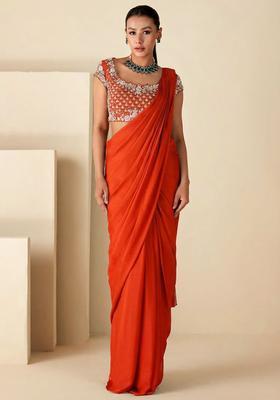 Orange Crepe Embroidered Handwork Pre Draped Saree Set
