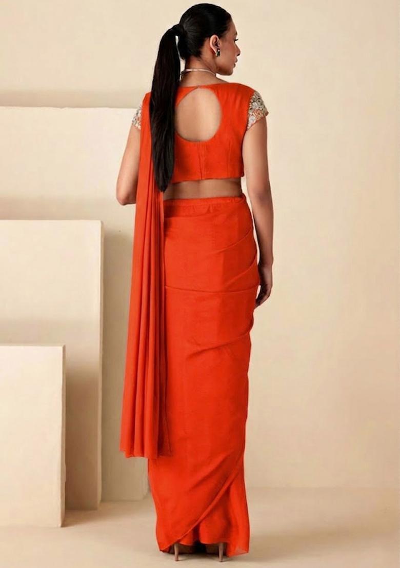 Orange Crepe Embroidered Handwork Pre Draped Saree Set - Indya