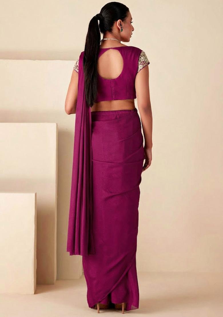 Pink Crepe Embroidered Handwork Pre Draped Saree Set - Indya