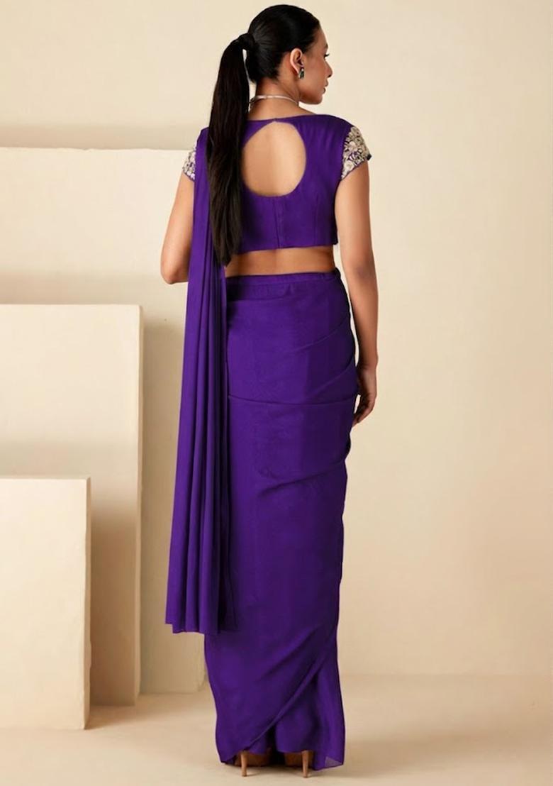 Purple Crepe Embroidered Handwork Pre Draped Saree Set - Indya