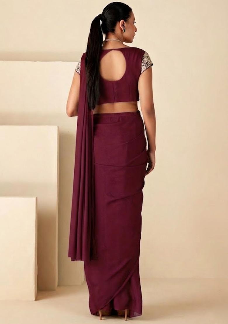 Rouge Red Crepe Embroidered Handwork Pre Draped Saree Set - Indya