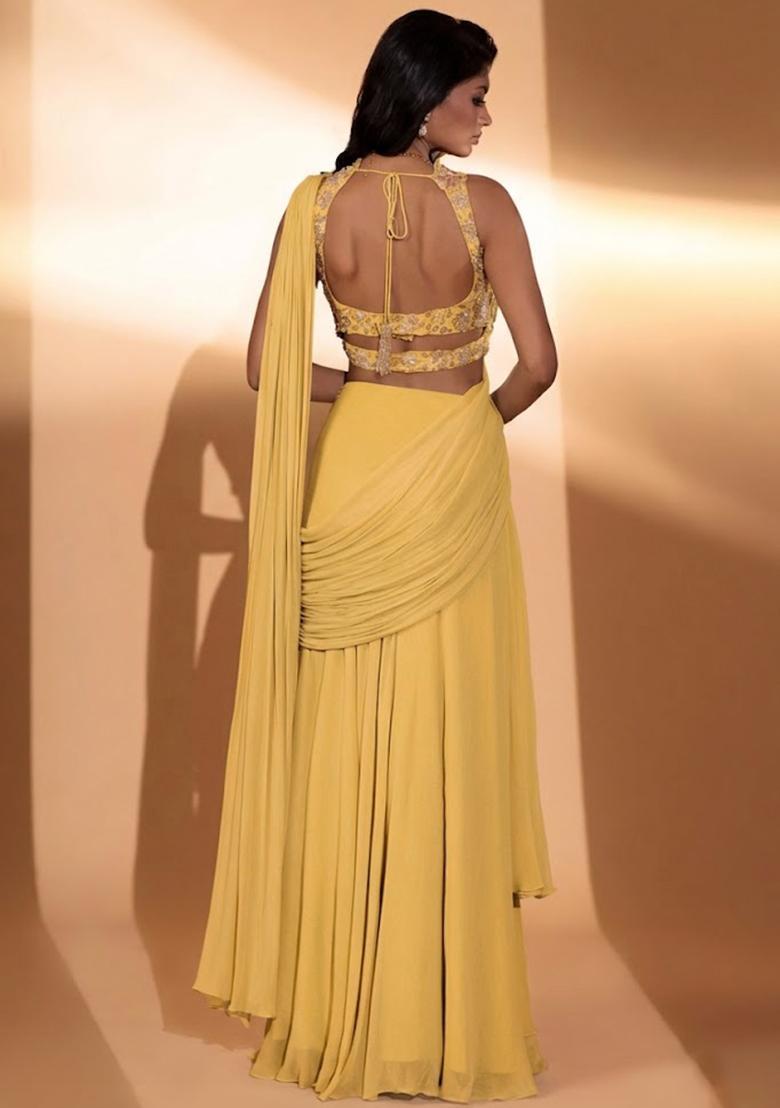 Yellow Georgette Embroidered Handwork Pre Draped Saree Set - Indya
