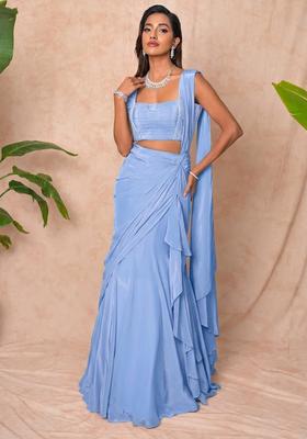 Lavender Blue Crepe Embellished Handwork Pre Draped Saree Set