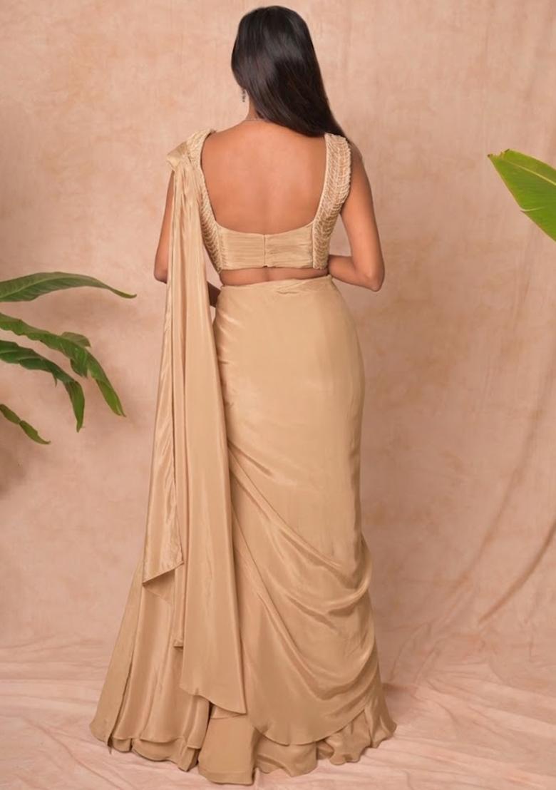 Cream Crepe Embellished Handwork Pre Draped Saree Set - Indya