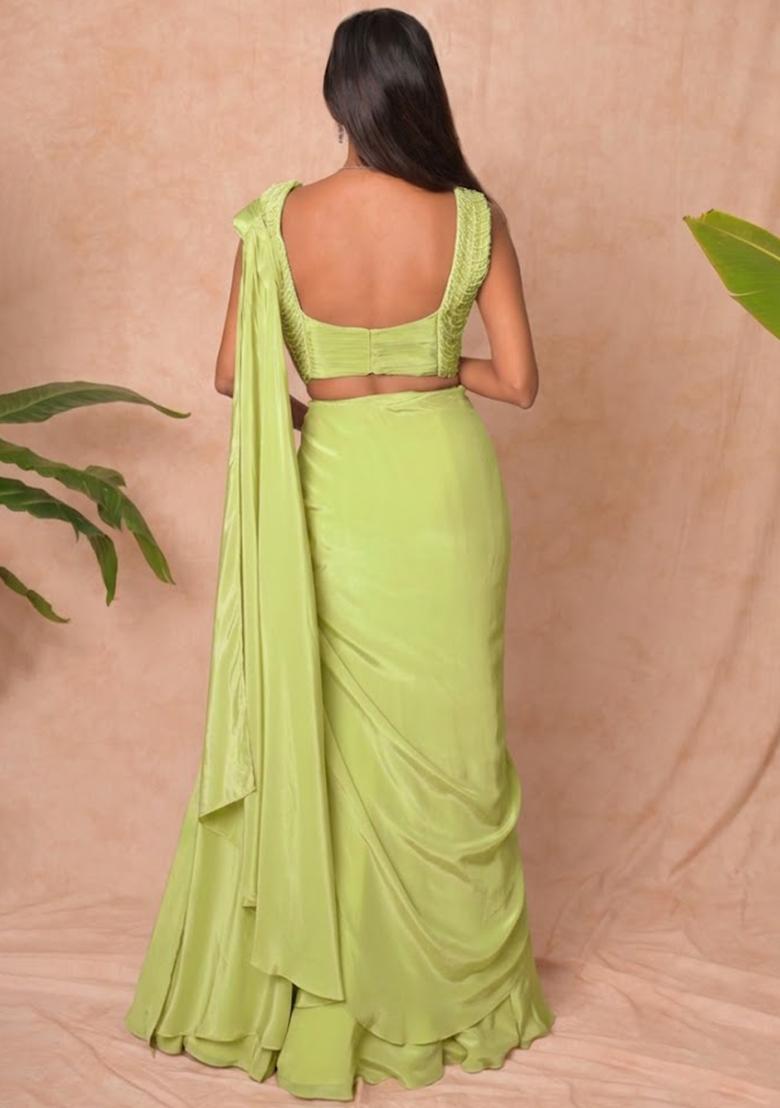 Green Crepe Embellished Handwork Pre Draped Saree Set - Indya