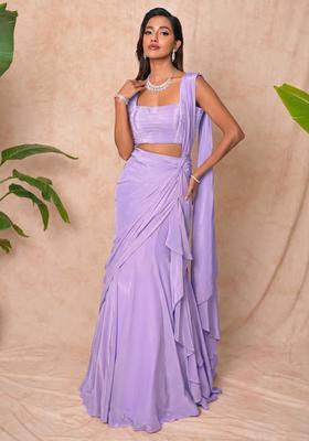 Lavender Crepe Embellished Handwork Pre Draped Saree Set