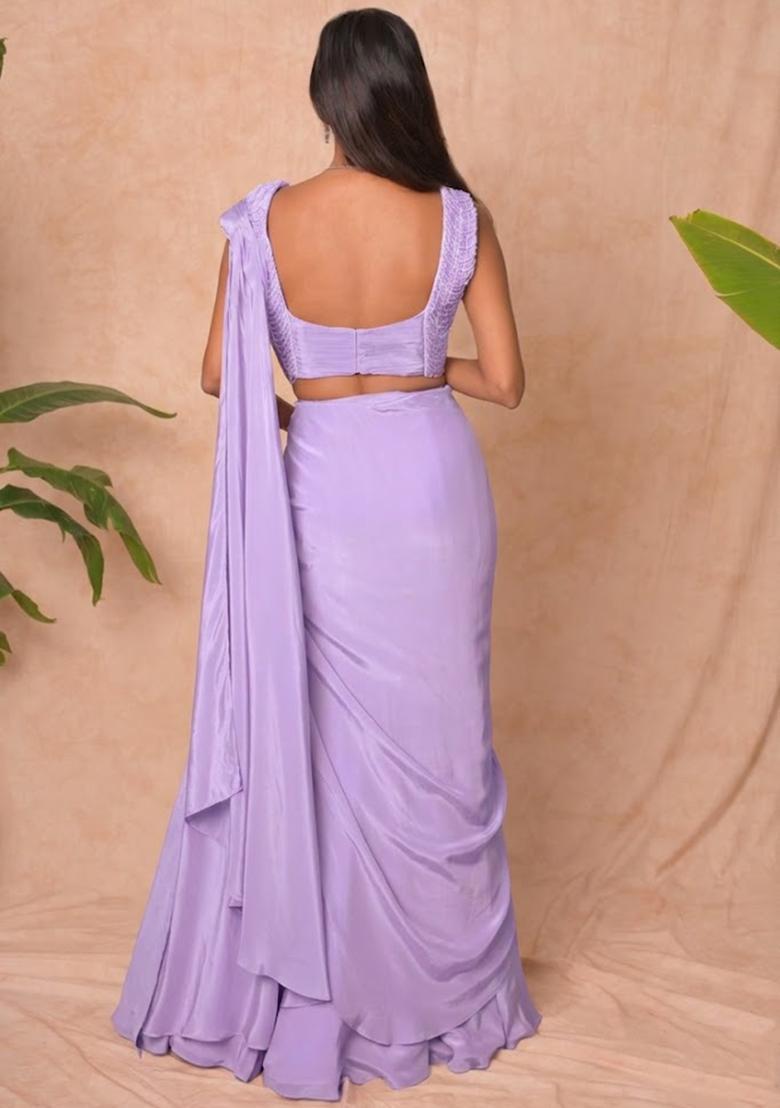 Lavender Crepe Embellished Handwork Pre Draped Saree Set - Indya