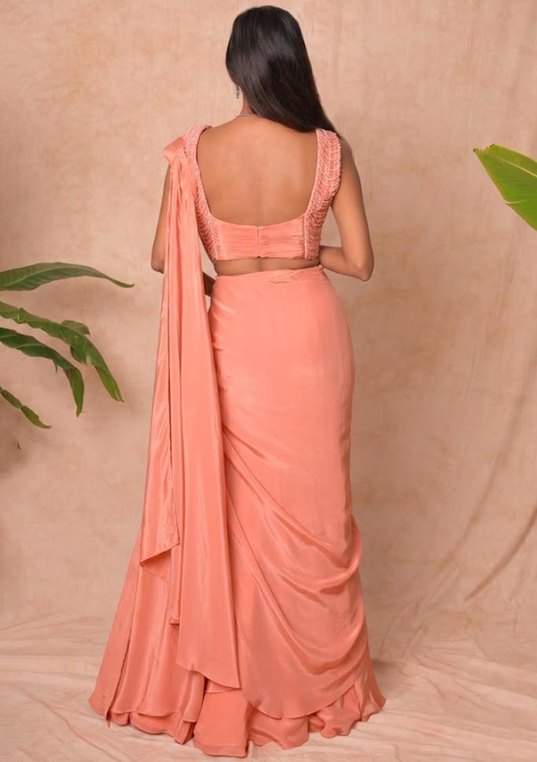 Peach Crepe Embellished Handwork Pre Draped Saree Set - Indya