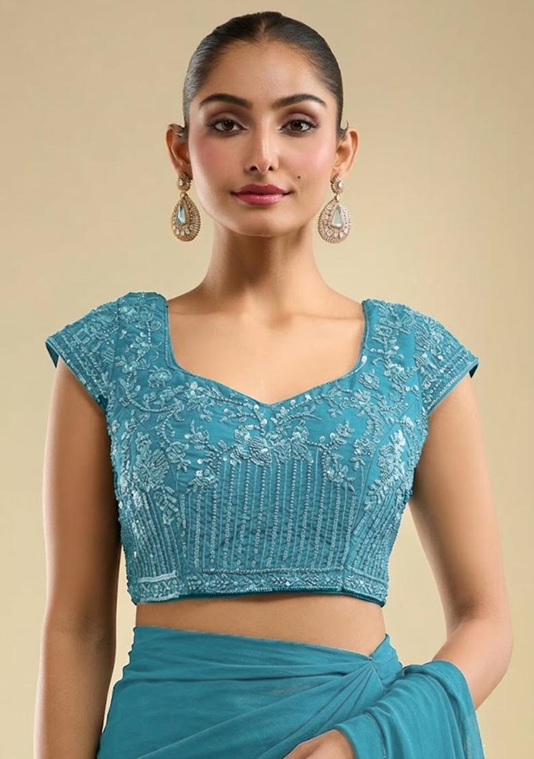 Teal Blue Georgette Embellished Handwork Pre Draped Saree Set - Indya