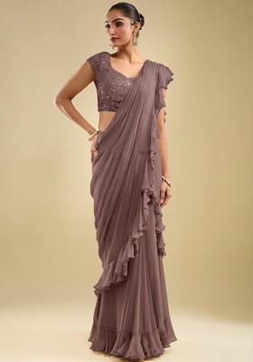 Chocolate Brown Georgette Embellished Handwork Pre Draped Saree Set