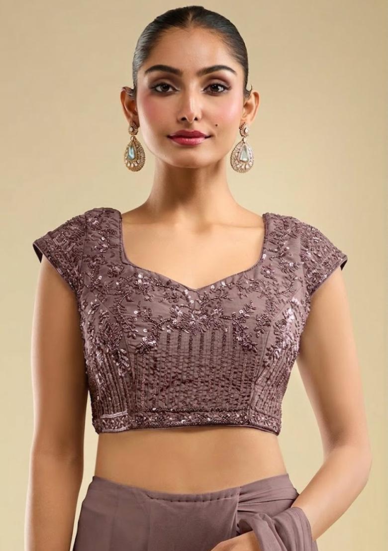 Chocolate Brown Georgette Embellished Handwork Pre Draped Saree Set - Indya