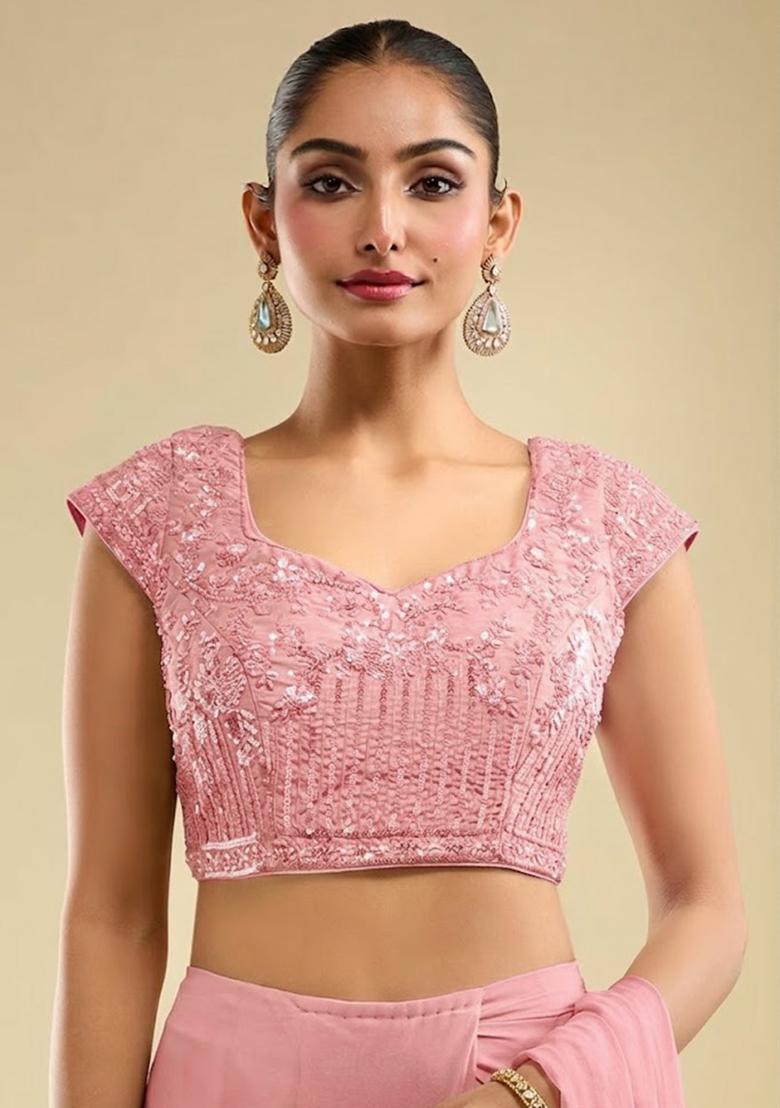 Pink Georgette Embellished Handwork Pre Draped Saree Set - Indya