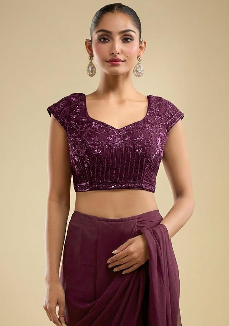 Deep Purple Georgette Embellished Handwork Pre Draped Saree Set - Indya