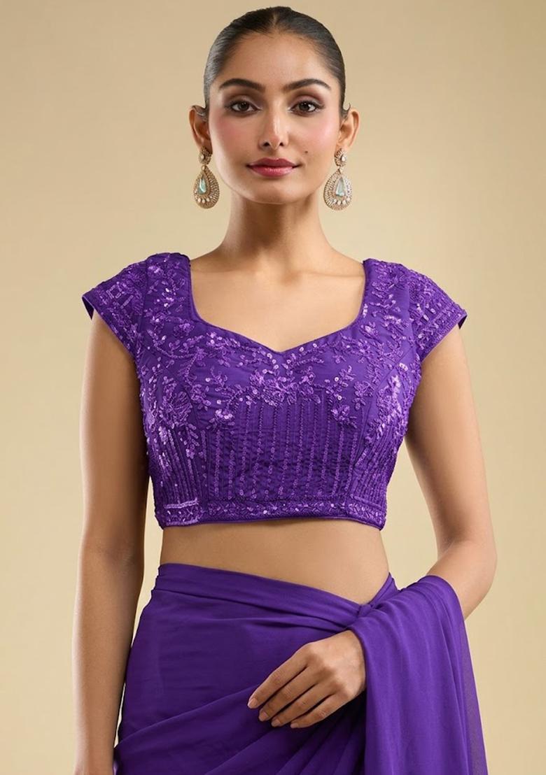 Purple Georgette Embellished Handwork Pre Draped Saree Set - Indya