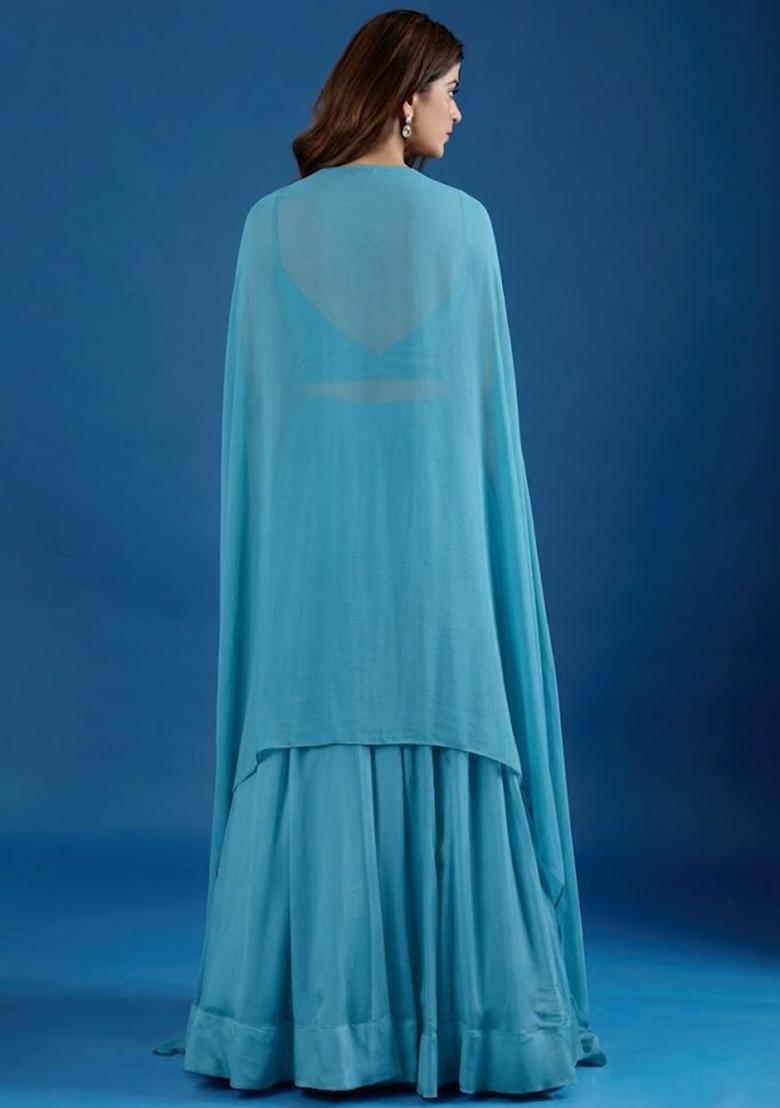 Teal Blue Chinon Embroidered Handwork Lehenga Set - Indya