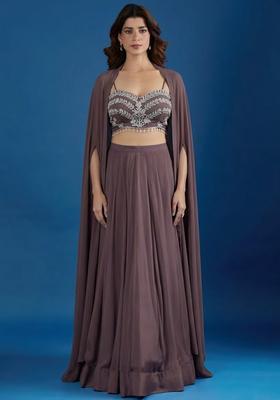 Chocolate Brown Chinon Embroidered Handwork Lehenga Set