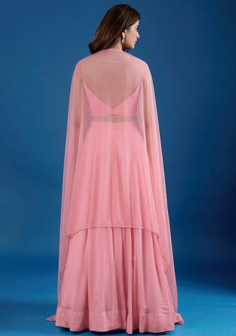Pink Chinon Embroidered Handwork Lehenga Set - Indya