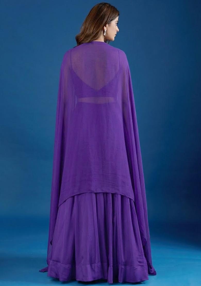 Purple Chinon Embroidered Handwork Lehenga Set - Indya