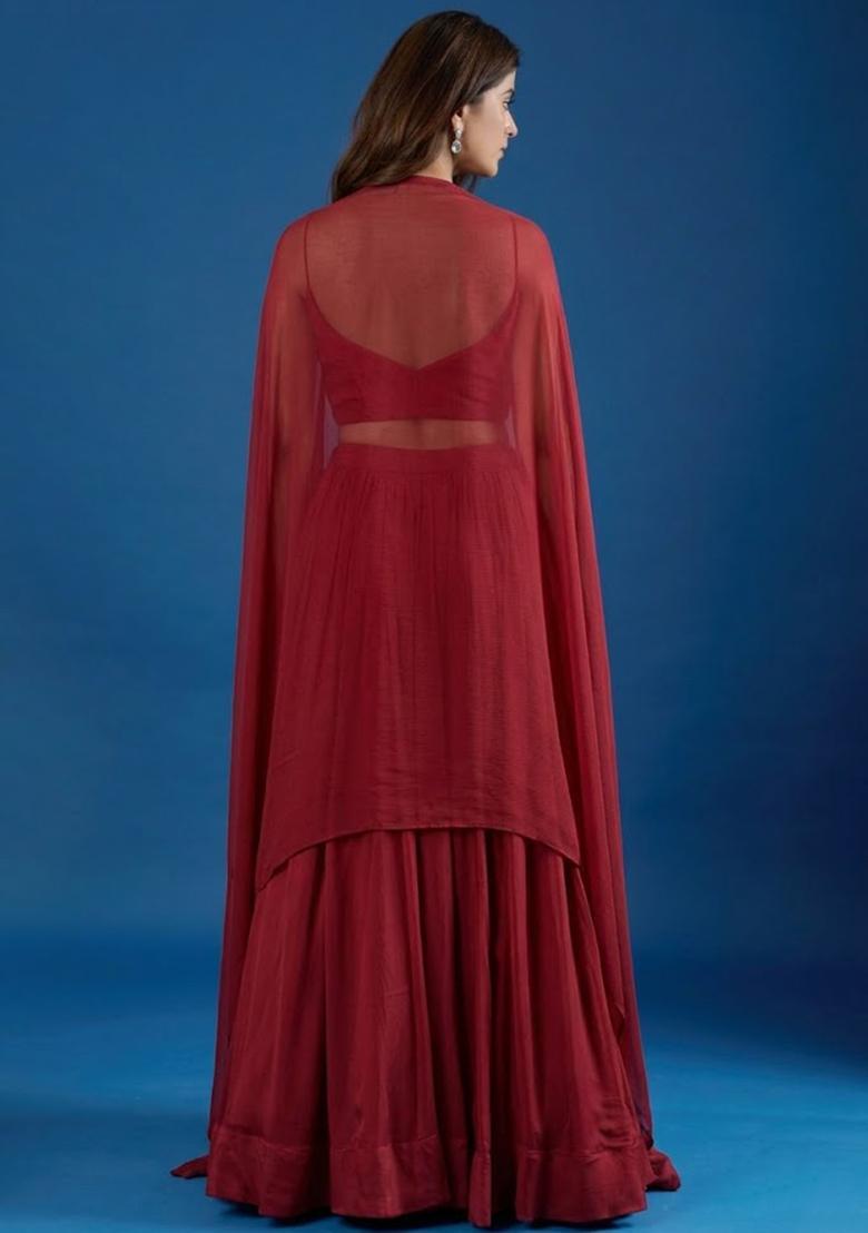 Wine Red Chinon Embroidered Handwork Lehenga Set - Indya