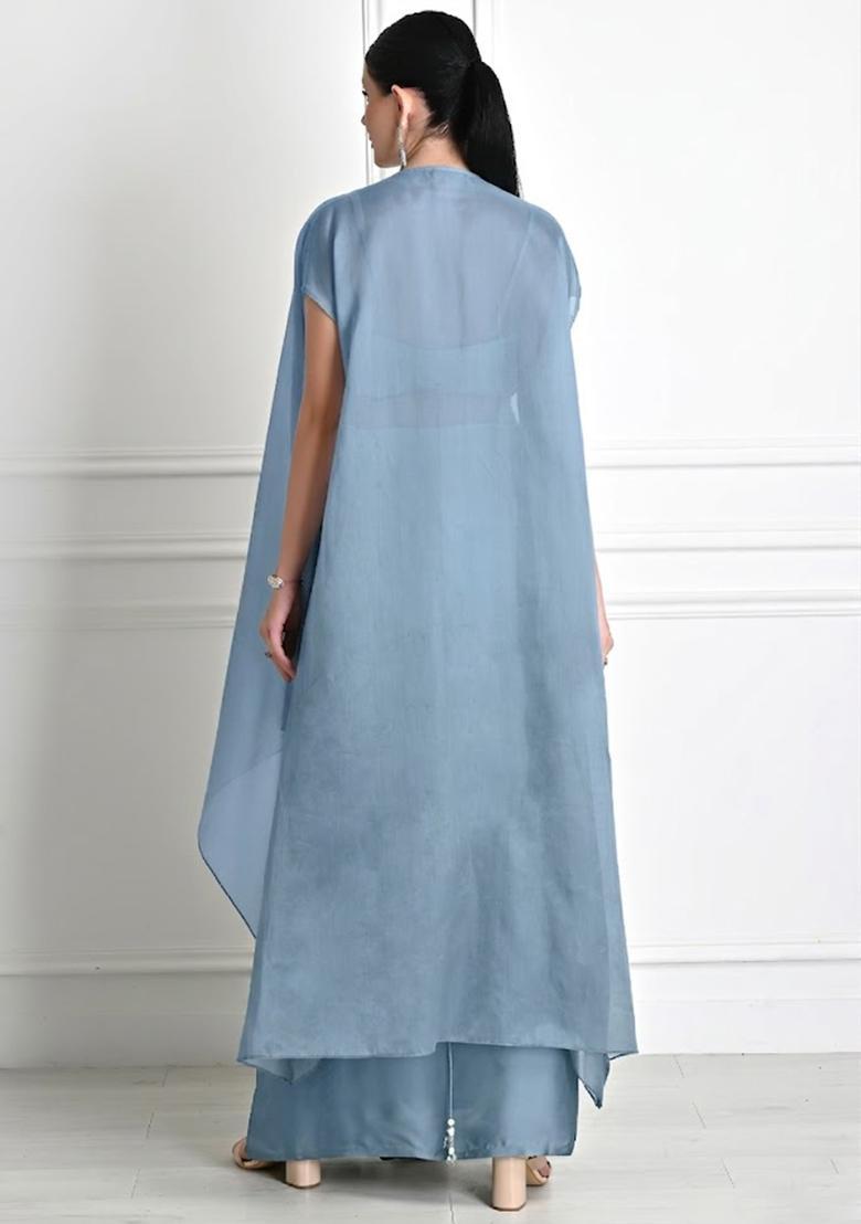 Steel Blue Satin Embroidered Handwork Fusion Set - Indya