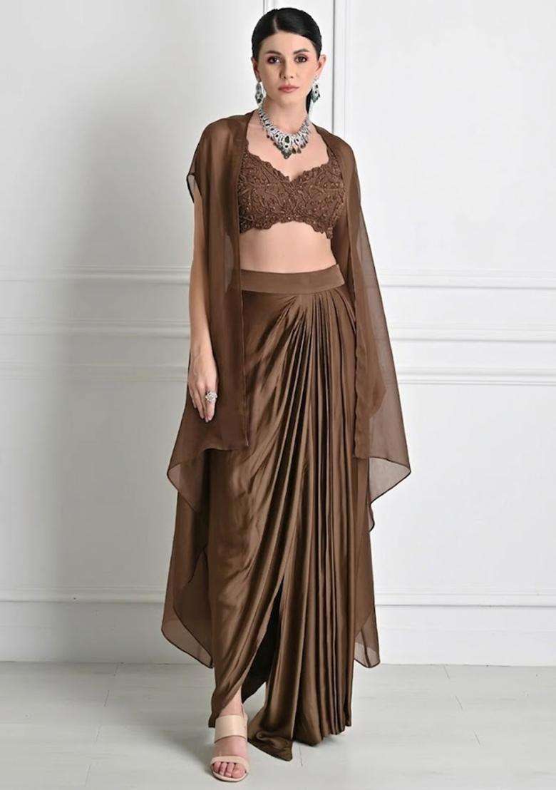 Brown Satin Embroidered Handwork Fusion Set - Indya