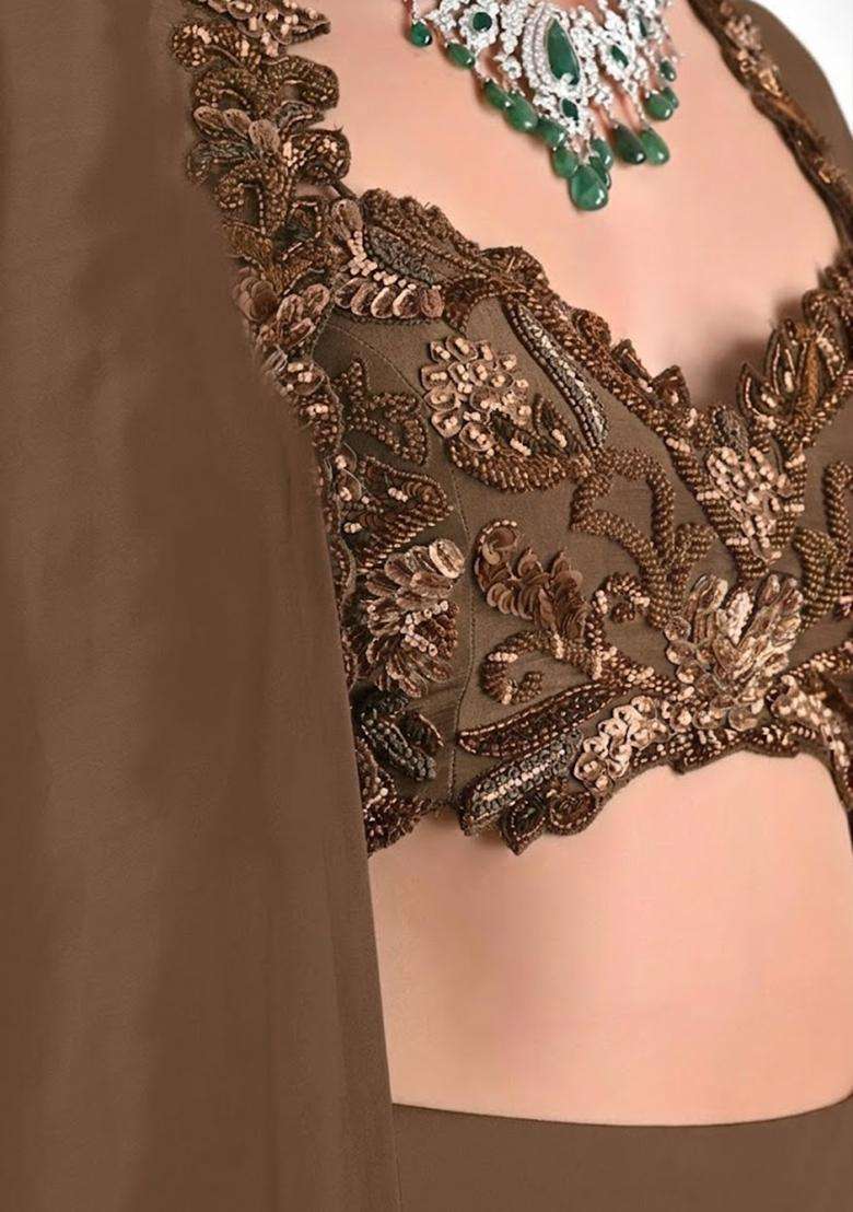 Brown Satin Embroidered Handwork Fusion Set - Indya