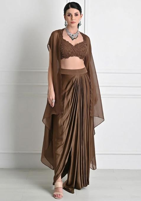 Brown Satin Embroidered Handwork Fusion Set