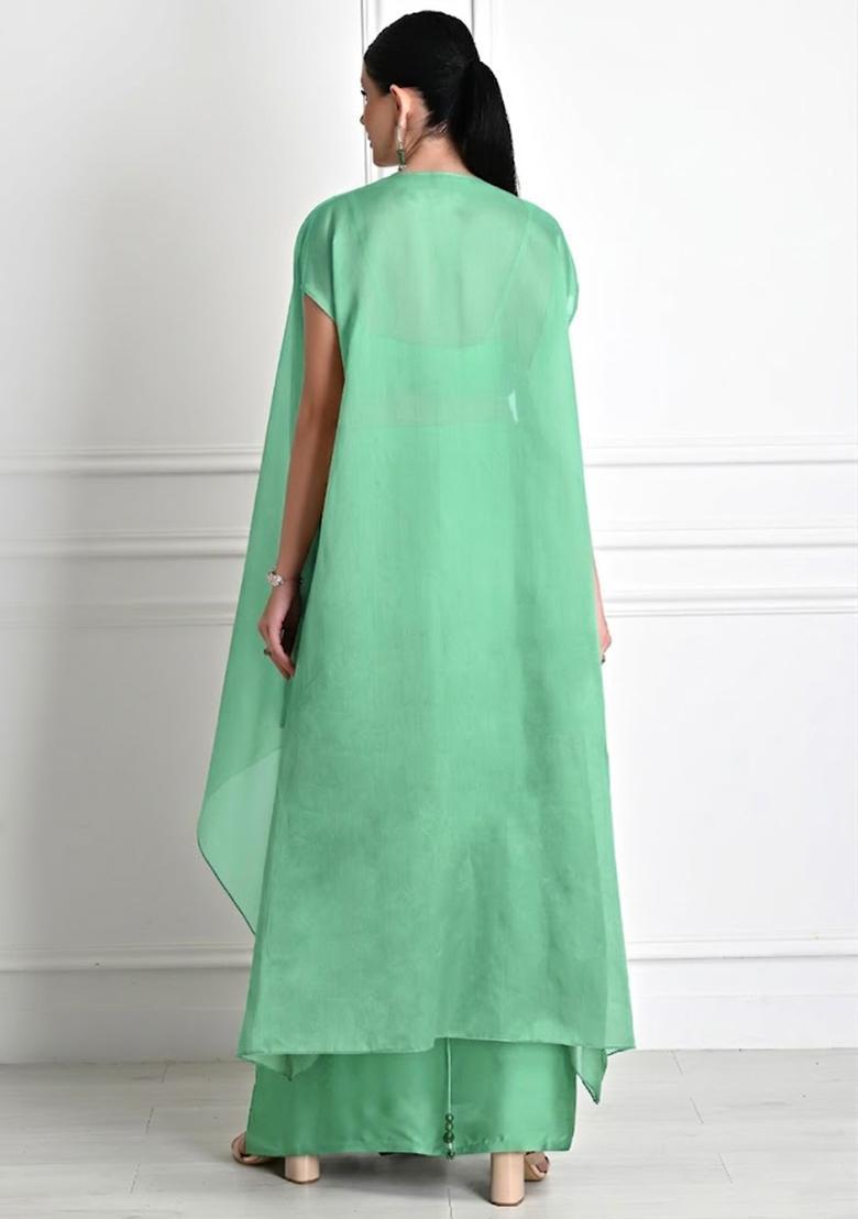 Bud Green Satin Embroidered Handwork Fusion Set - Indya