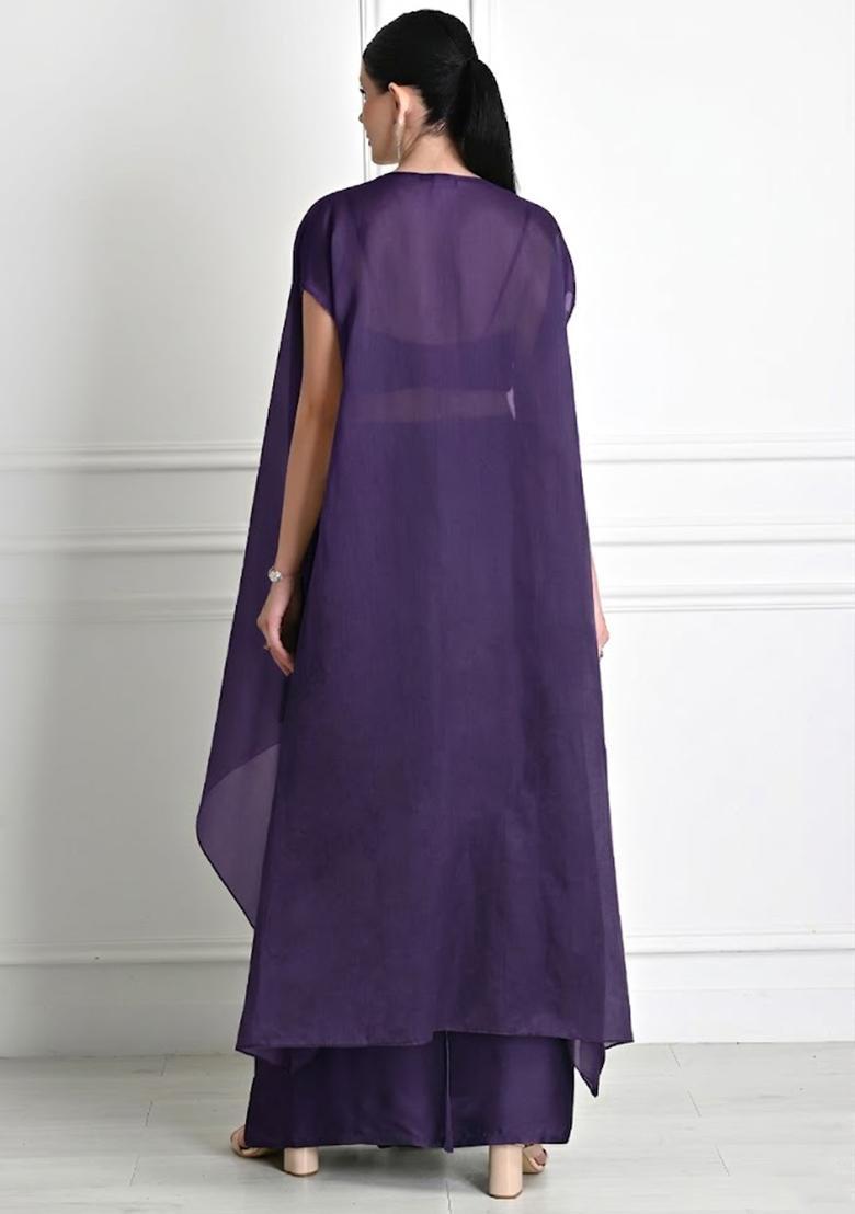 Purple Satin Embroidered Handwork Fusion Set - Indya