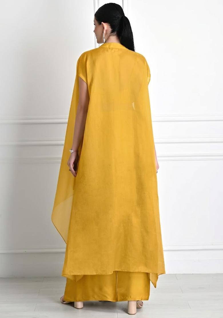 Yellow Satin Embroidered Handwork Fusion Set - Indya