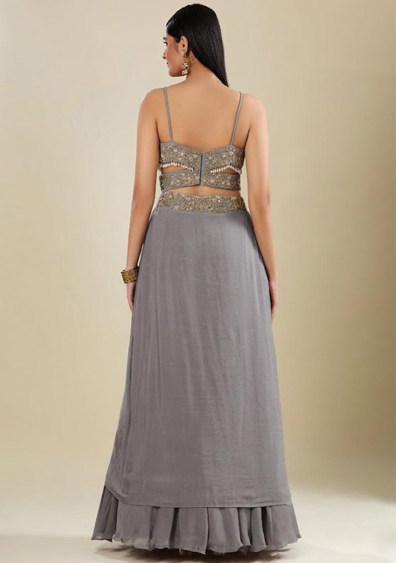 Grey Chinon Embroidered Handwork Lehenga Set - Indya