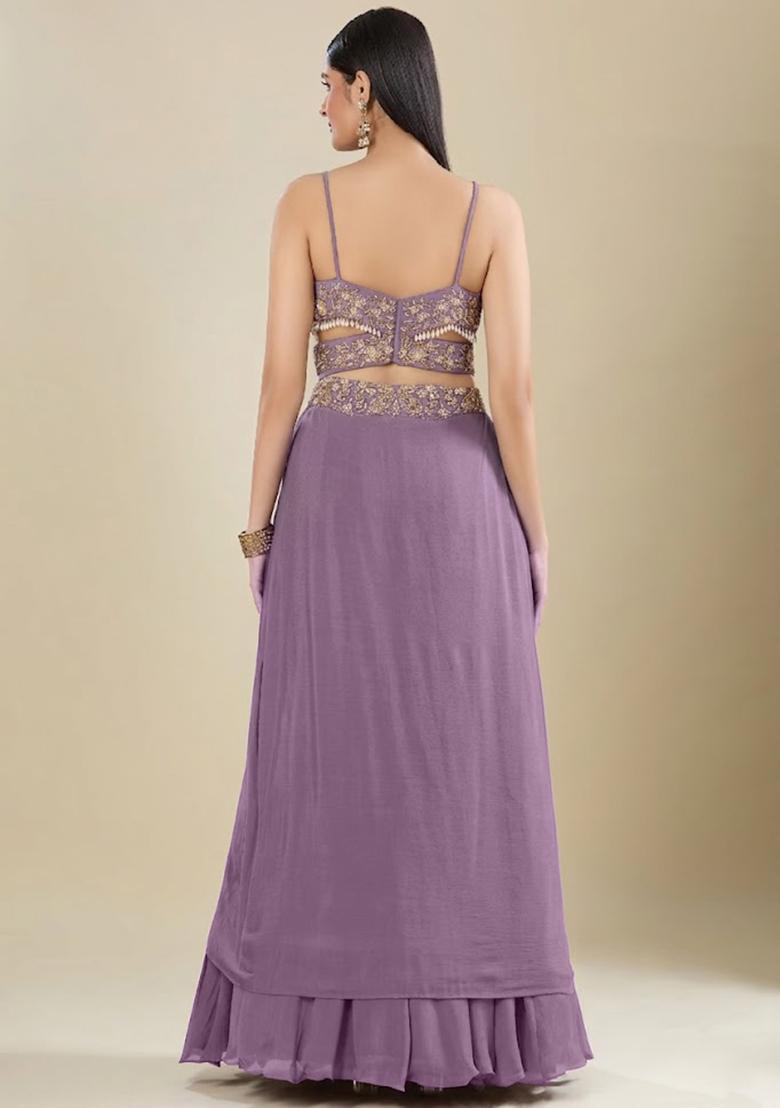 Lavender Chinon Embroidered Handwork Lehenga Set - Indya